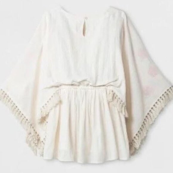 Cat & Jack Girls Boho Floral Embroidered 100% Cotton Tunic in Cream with Fringe - Picture 2 of 10